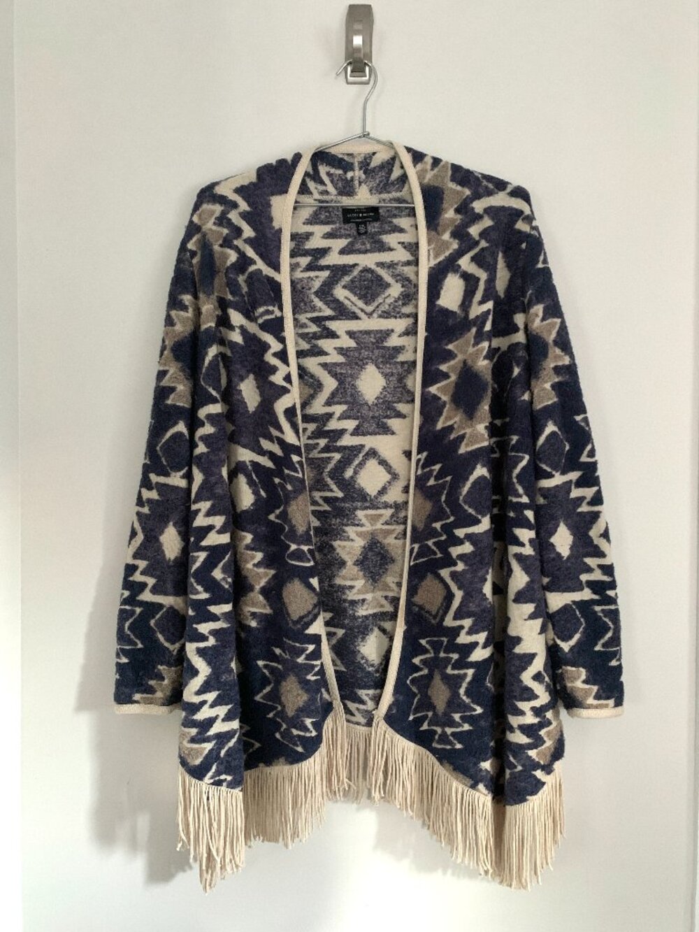 Lucky Brand 100% Cotton Southwestern Fringe Longline Open Front Cardigan L